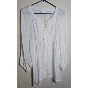 Counterparts 2X White Top Semi Sheer Tunic V Neck 3/4 Sleeve Shirt Boho Hippie